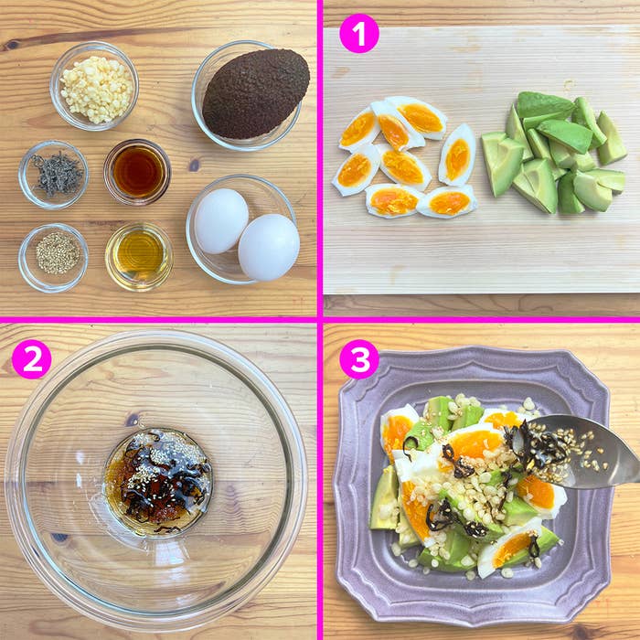 ゆで卵、アボカド、ごま、調味料を使ったサラダのレシピ手順が示されています。