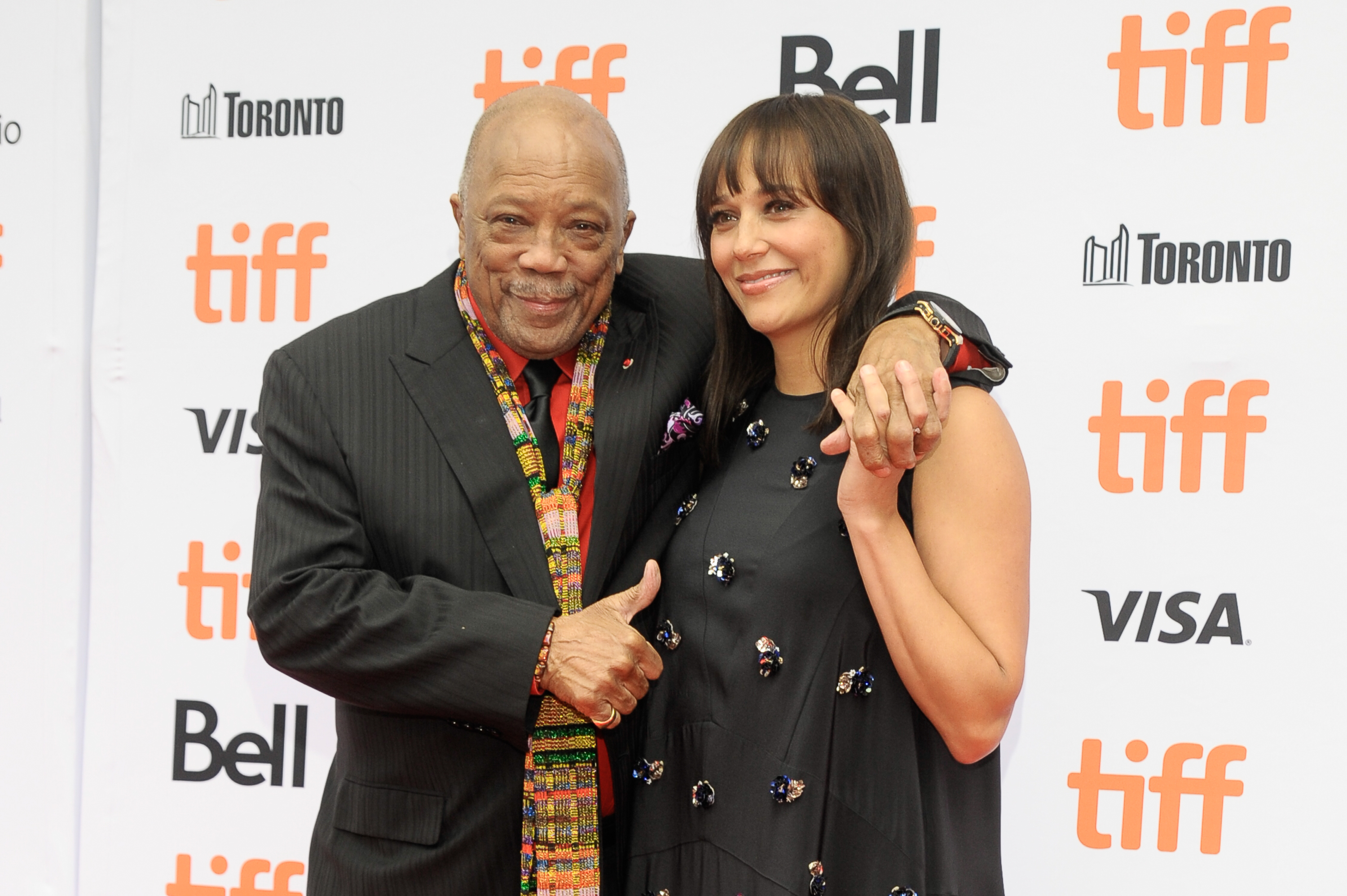 Quincy Jones and Rashida Jones pose together on the red carpet at the Toronto International Film Festival (TIFF).