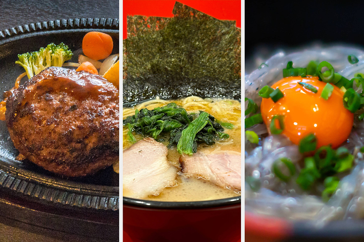 3種類の料理の写真。左からハンバーグ、ラーメン、生卵が乗った海藻料理。