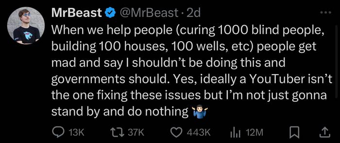 Screenshot of a tweet by MrBeast discussing his charity efforts and the criticism he receives, stating governments should address these issues instead