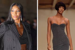 Naomi Campbell in two outfits: left - pinstripe suit with a crop top; right - strapless mini dress with a checkered pattern, pixie haircut