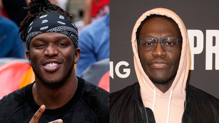 KSI, wearing a bandana and casual shirt, on the left, and Deji, wearing glasses and a hoodie with a jacket, on the right, are shown in the image