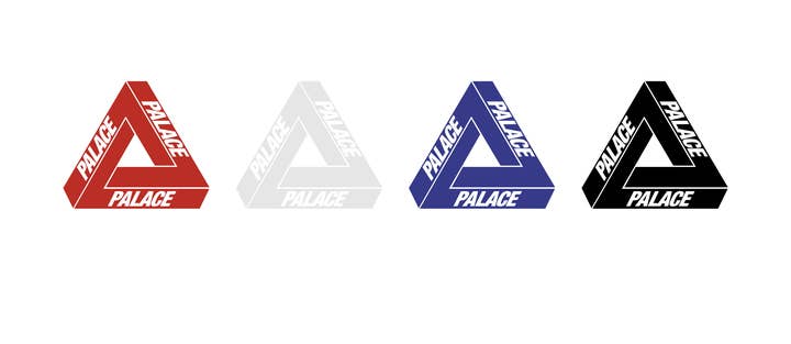 Four Palace Skateboards logos in red, light gray, blue, and black, arranged horizontally