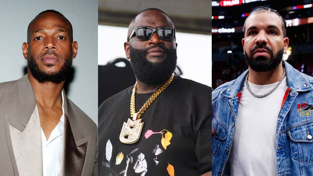 Marlon Wayans in a tan jacket, Rick Ross in sunglasses and a necklace with a black graphic shirt, Drake in a denim jacket with a white t-shirt