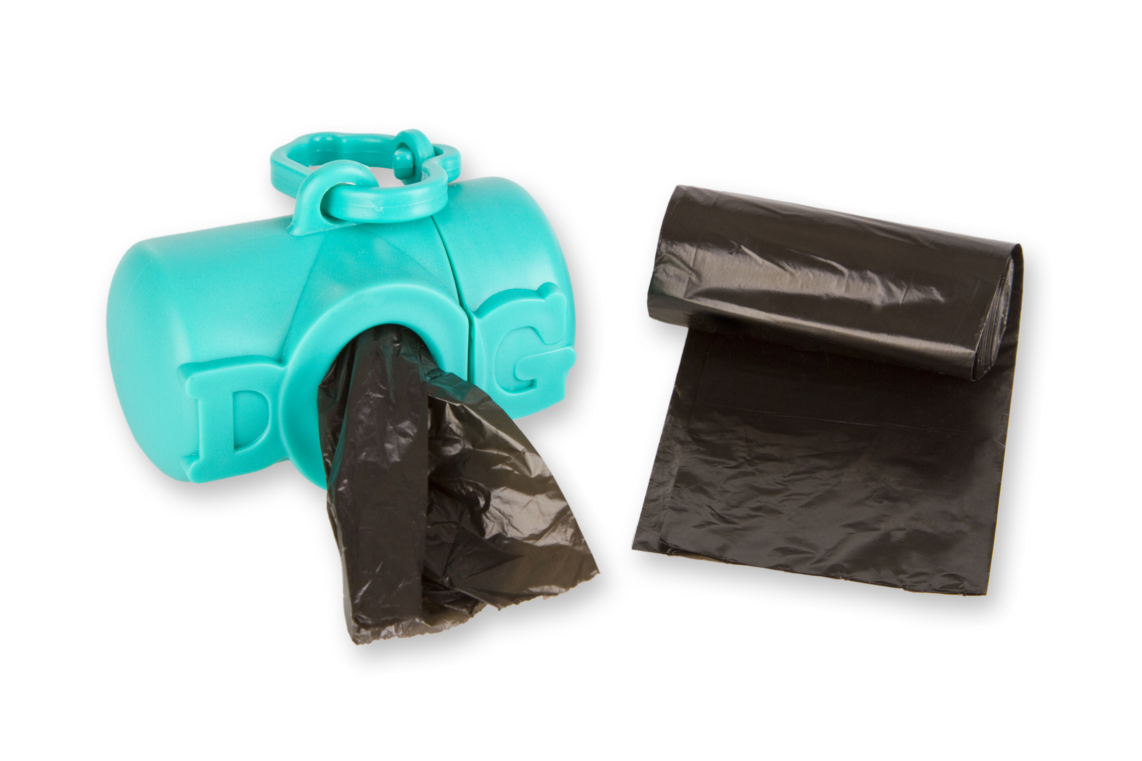 A teal dog waste bag holder with a roll of black waste bags partially dispensed and another roll of black waste bags beside it