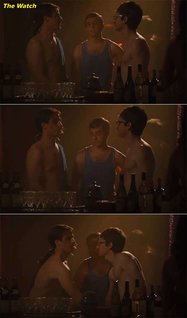 Three men are pictured shirtless at a bar, engaging in conversation. The scene appears intimate, focusing closely on their interactions