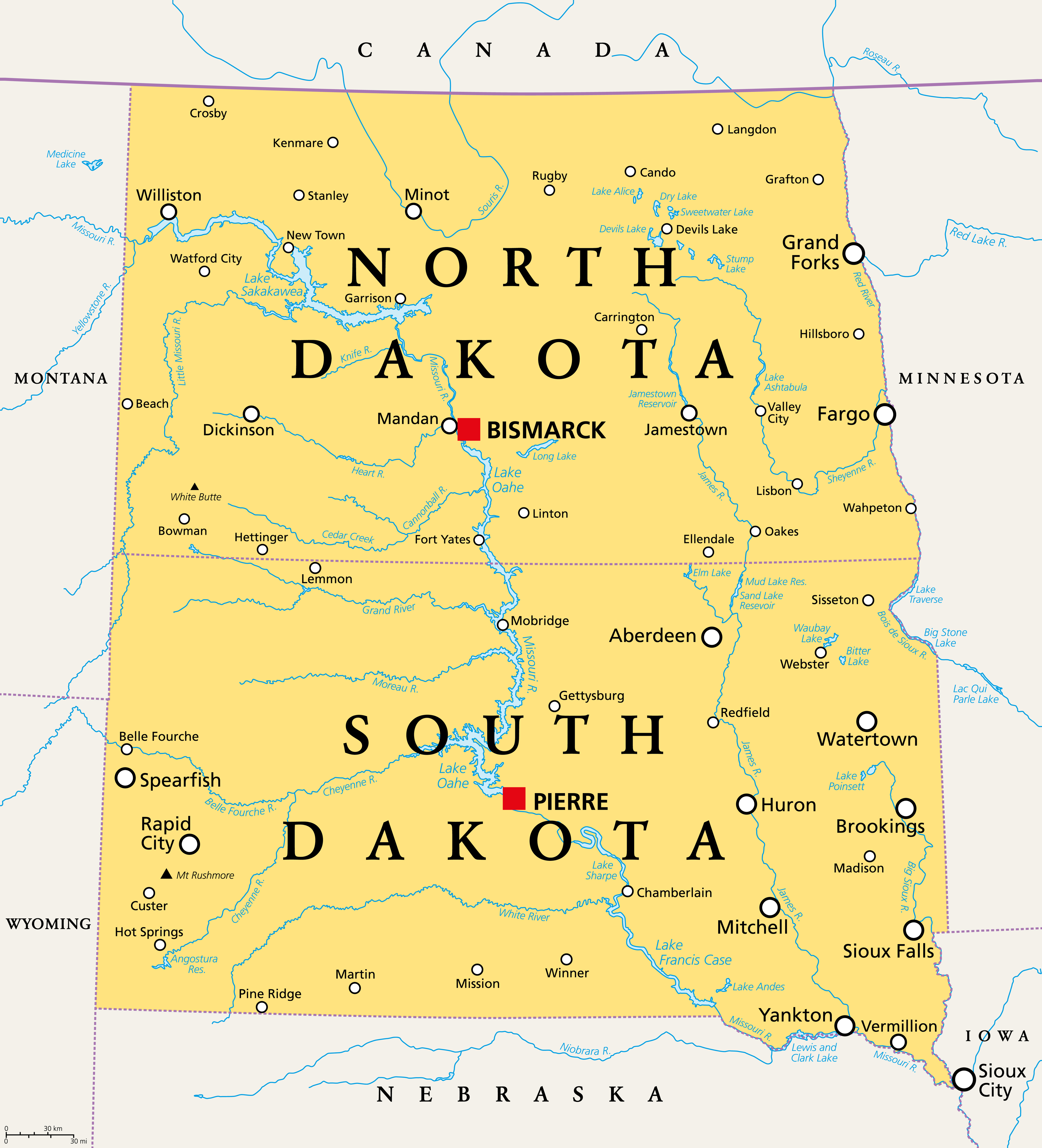 Map of North Dakota and South Dakota showing cities including Bismarck, Pierre, Fargo, and Rapid City, with highways, rivers, and political boundaries