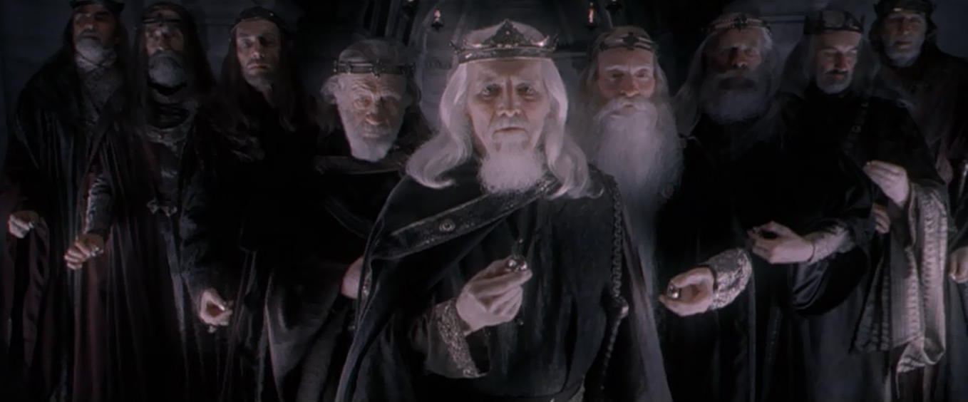 Eight men with long hair and beards, wearing crowns and dark robes, stand solemnly. They appear to be mature in age and hold items or gestures of significance