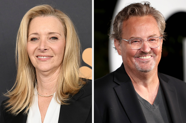 Lisa Kudrow and Matthew Perry posing at a red carpet event, both in formal attire