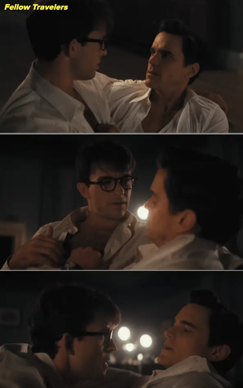 Scene from "Fellow Travelers": Two men, both in white shirts, share an intimate moment in different close-up angles