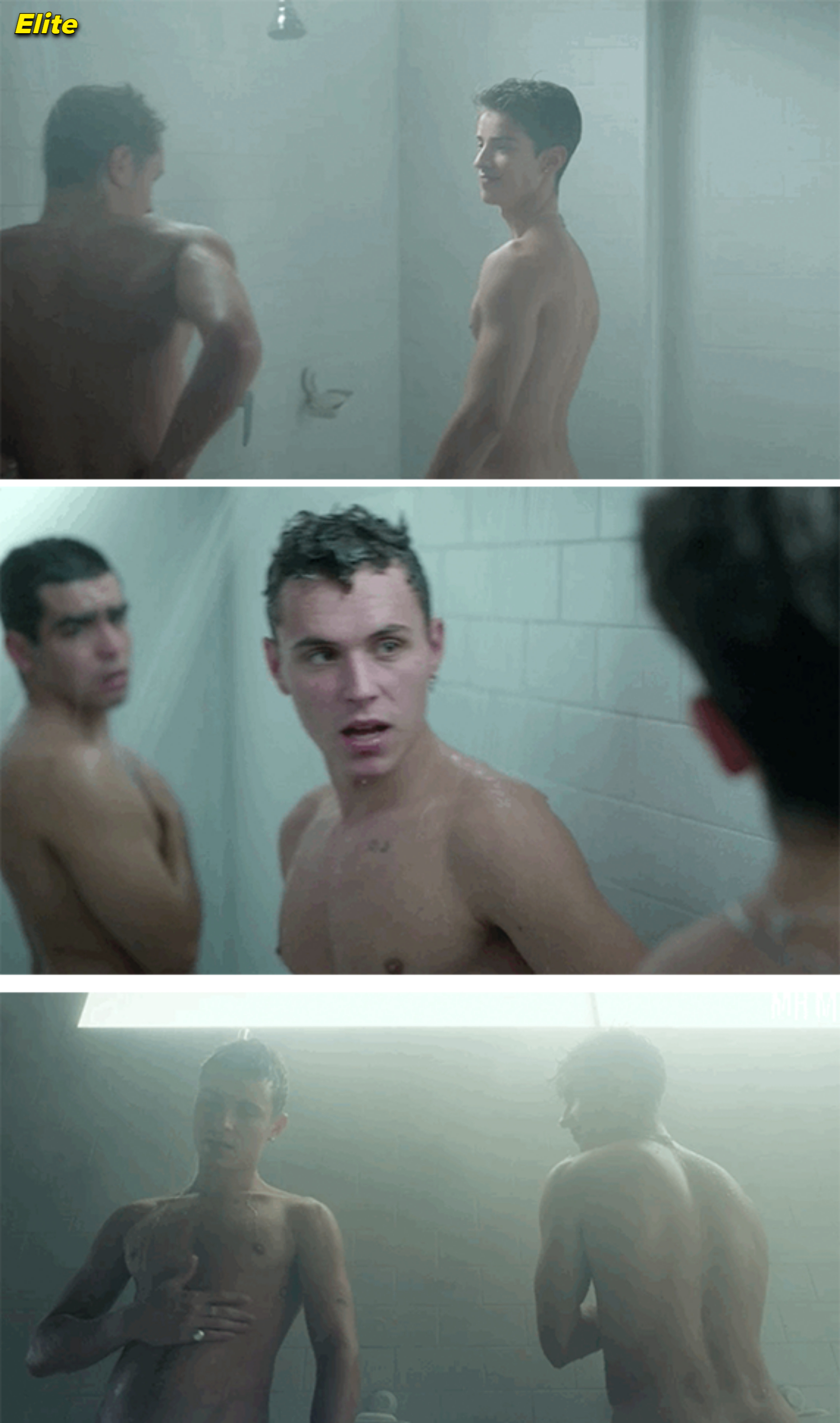 Three people, topless in a steamy shower. They are interacting with each other in a close, intimate setting. Names are not specified