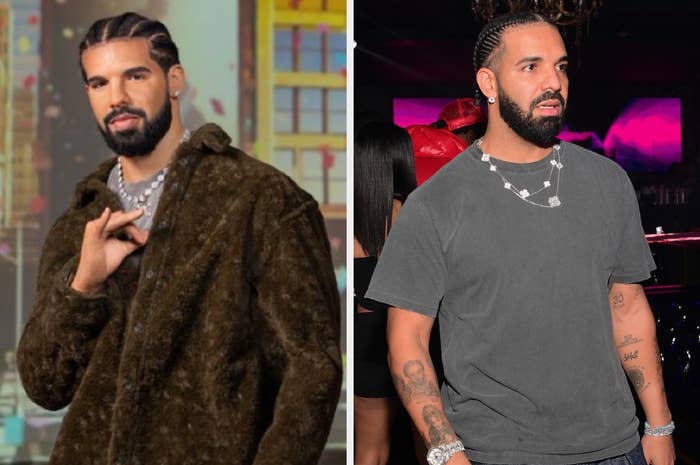 Drake in two images: left, wearing a textured jacket and necklaces, right, in a casual t-shirt and necklaces at an event