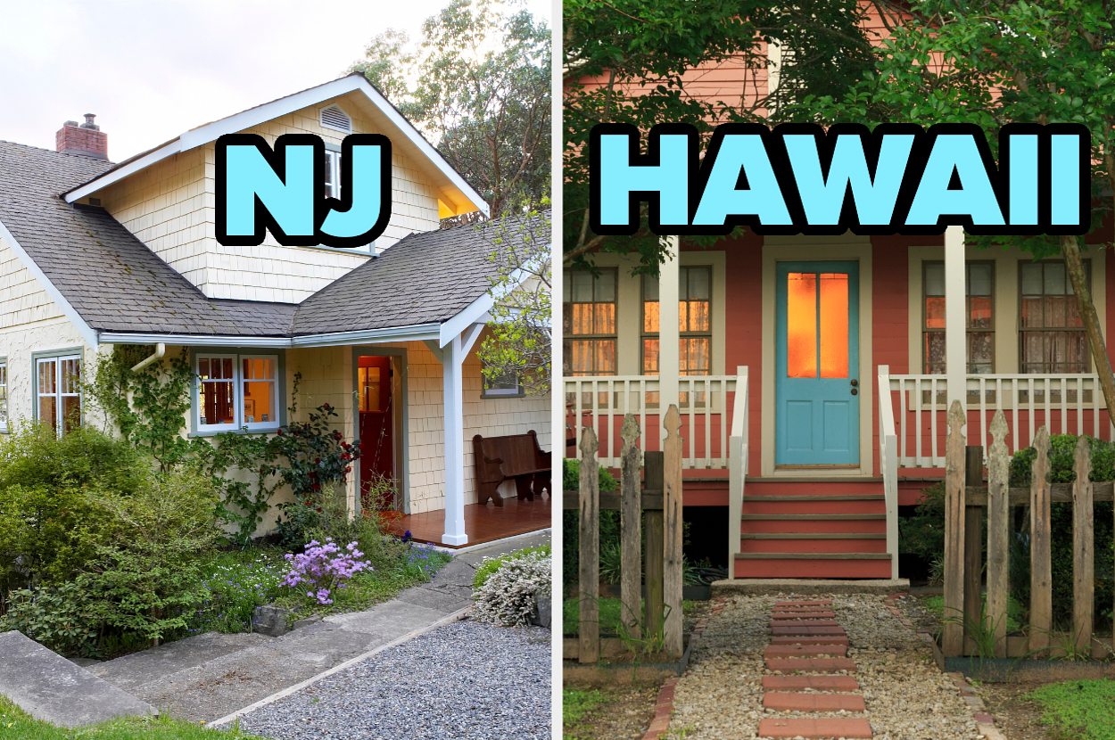 Side-by-side comparison of two houses labeled "NJ" and "HAWAII," showcasing different architectural styles and surroundings