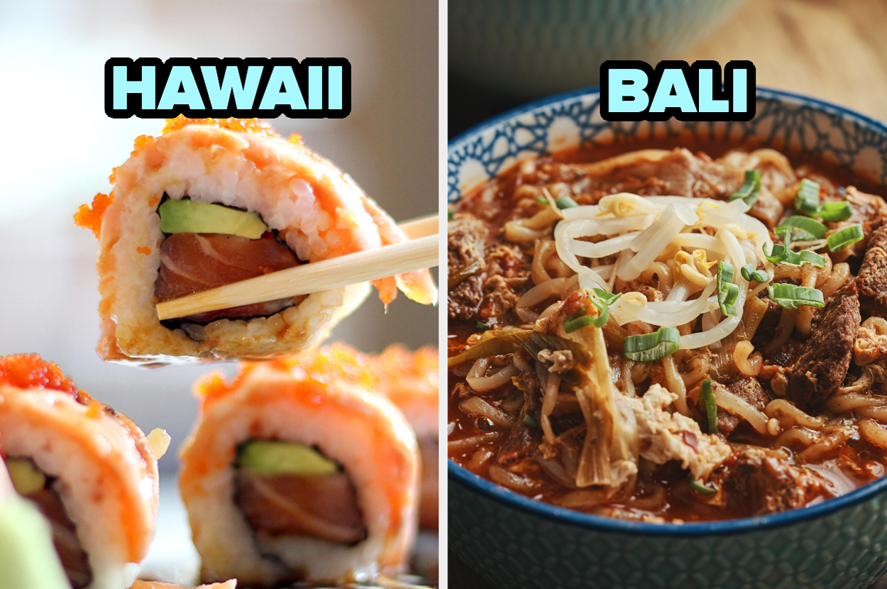 Sushi rolls with chopsticks under the word "Hawaii" on the left, and a bowl of noodle soup with meat under the word "Bali" on the right