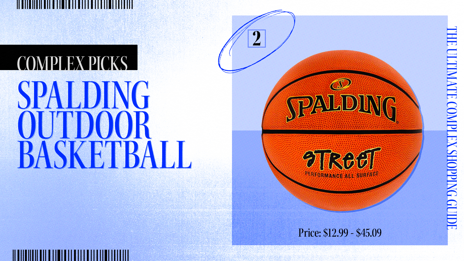 Advertisement for a Spalding Outdoor Basketball in Complex Picks, showing the basketball with price range $12.99-$45.09, part of The Ultimate Complex Shopping Guide
