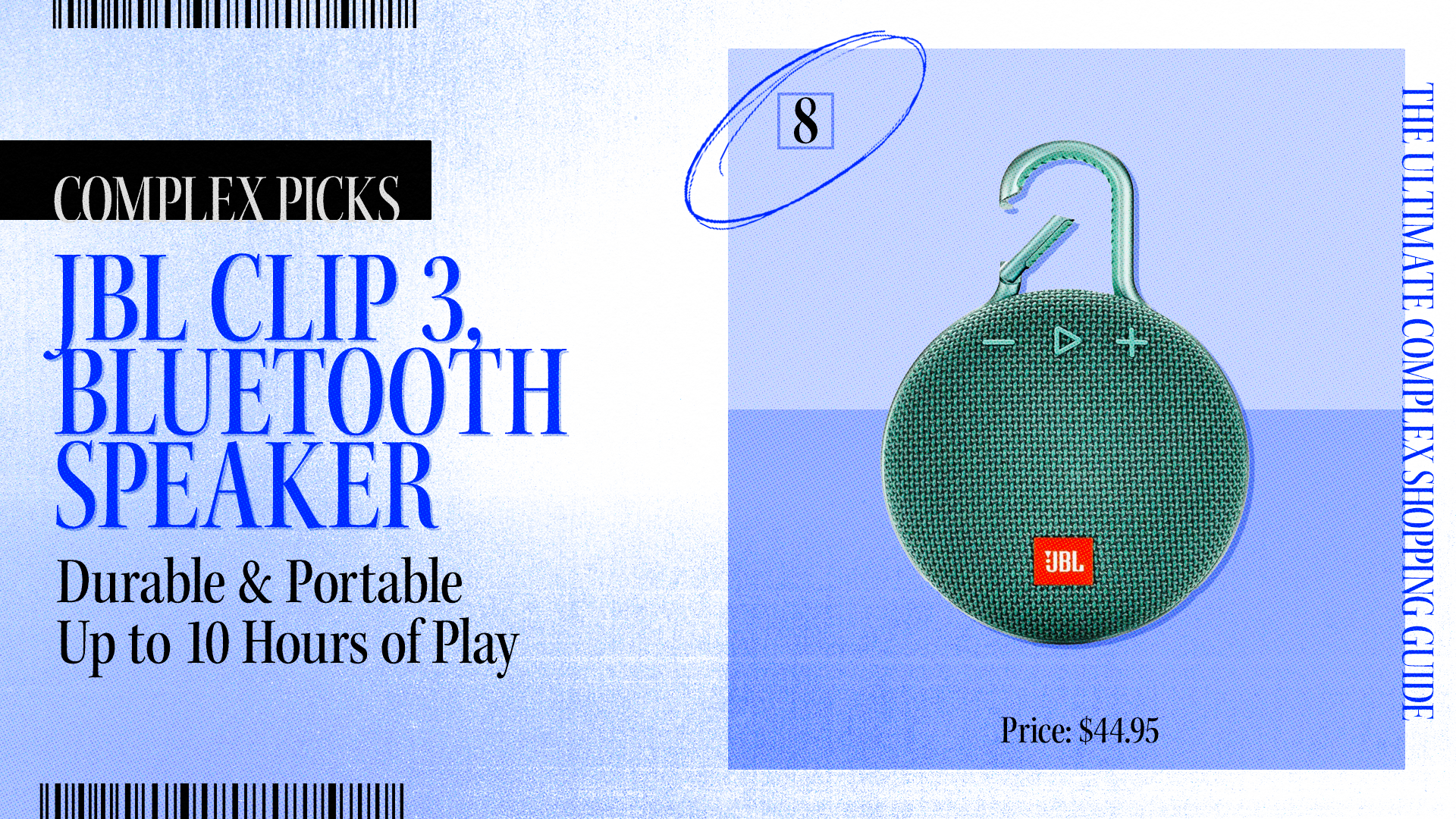 Advertisement for the JBL Clip 3 Bluetooth speaker, highlighting its durability, portability, and up to 10 hours of playtime. Price: $44.95