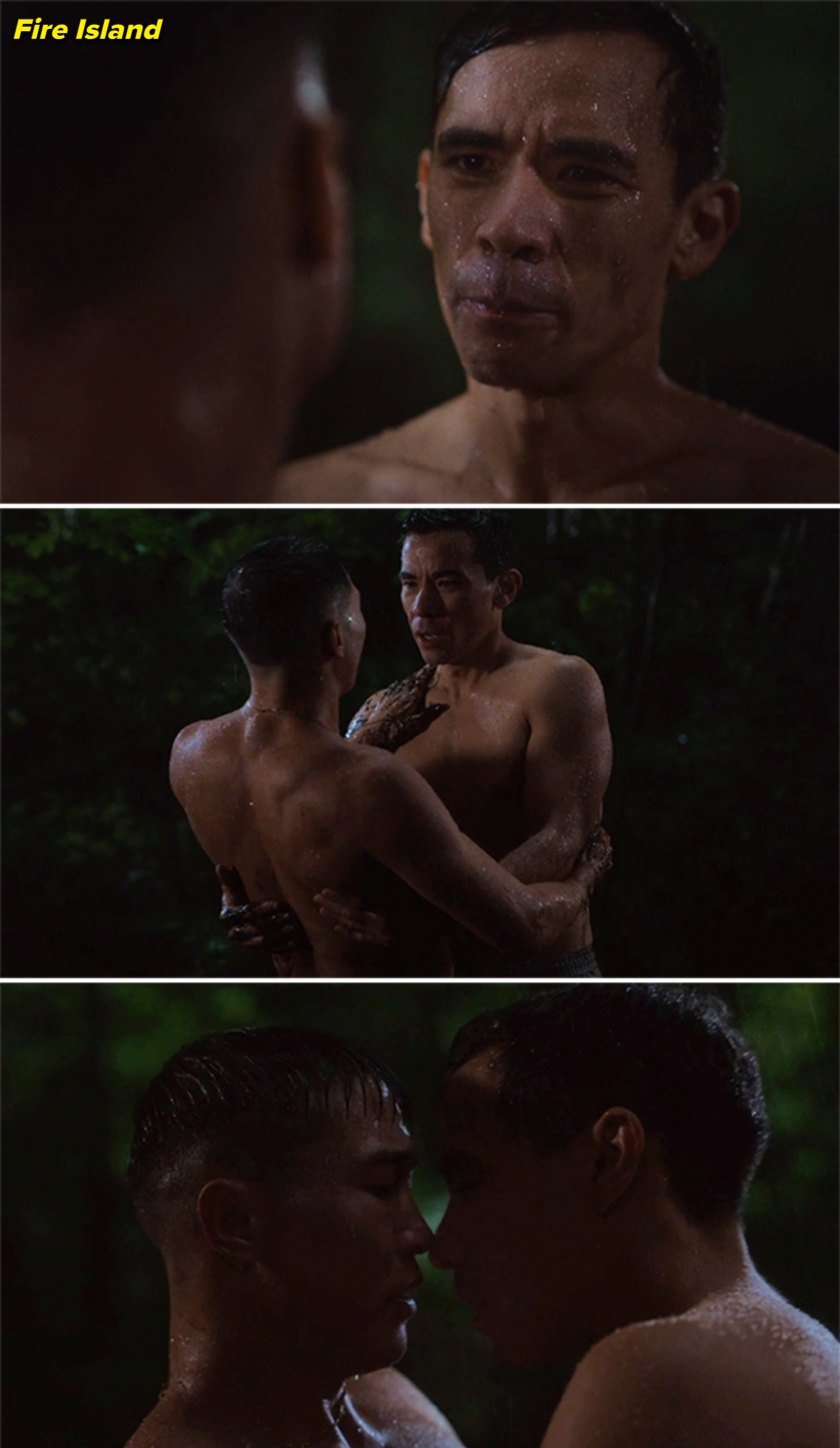 Three panels show two shirtless men – Joel Kim Booster and Conrad Ricamora – standing in the rain, sharing an intimate moment. In the final panel, they lean in for a kiss in &quot;Fire Island&quot;