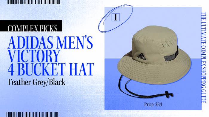 Advertisement for Adidas Men&#x27;s Victory 4 Bucket Hat, featuring the hat in feather grey/black. Price listed is $34. Text: &quot;COMPLEX PICKS. THE ULTIMATE COMPLEX SHOPPING GUIDE.&quot;