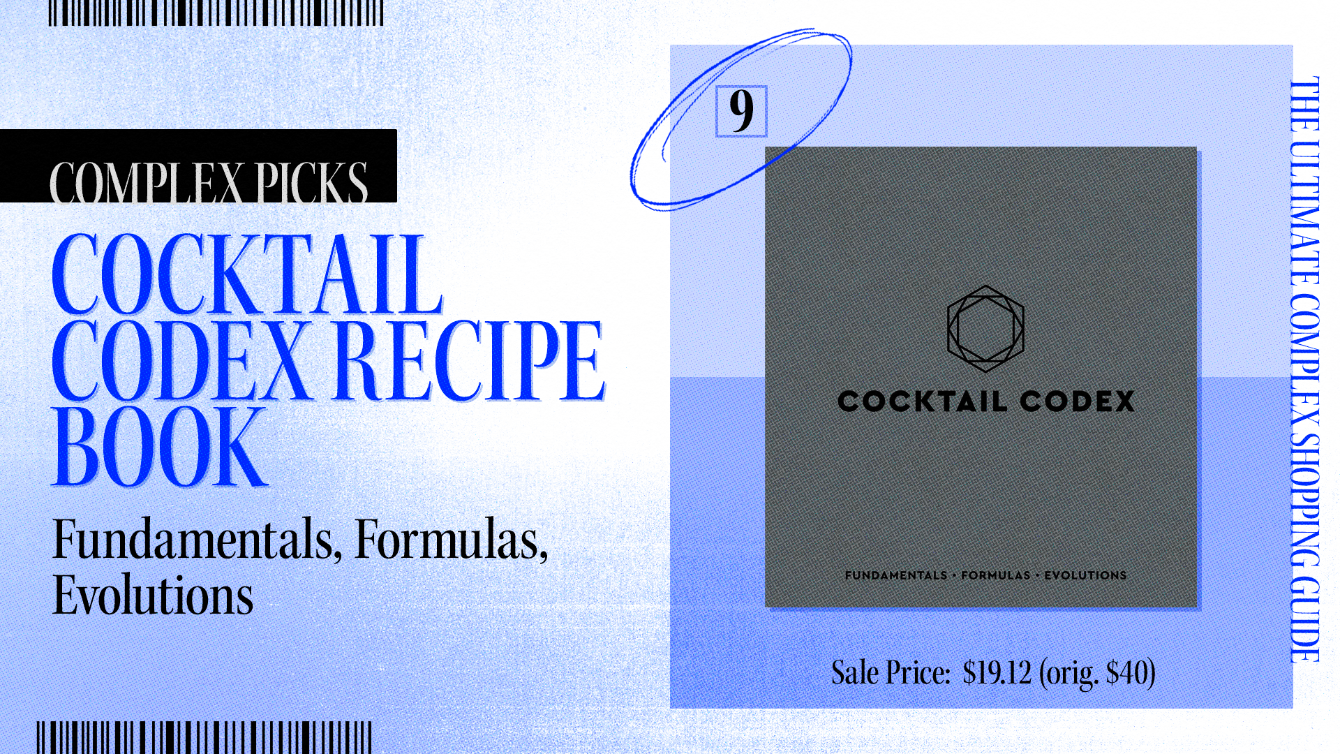 Complex Picks&#x27; featured item &quot;Cocktail Codex Recipe Book&quot; with a sale price of $19.12. The book covers fundamentals, formulas, and evolutions