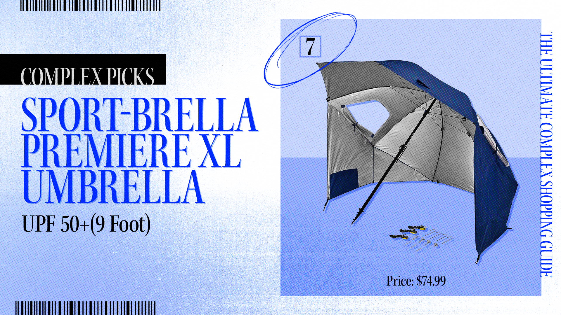 Complex Picks&#x27; Sport-Brella Premiere XL Umbrella featured in &quot;The Ultimate Complex Shopping Guide&quot; priced at $74.99, offering UPF 50+ and 9-foot coverage