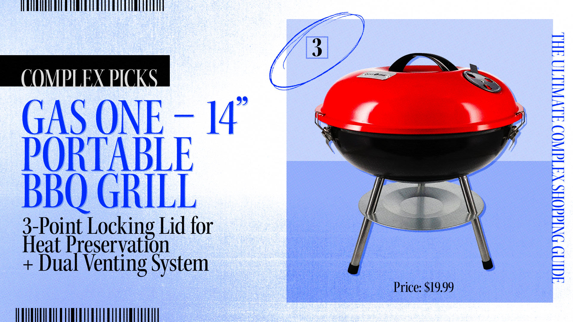 Gas One 14-inch portable BBQ grill, with 3-point locking lid and dual venting system, priced at $19.99