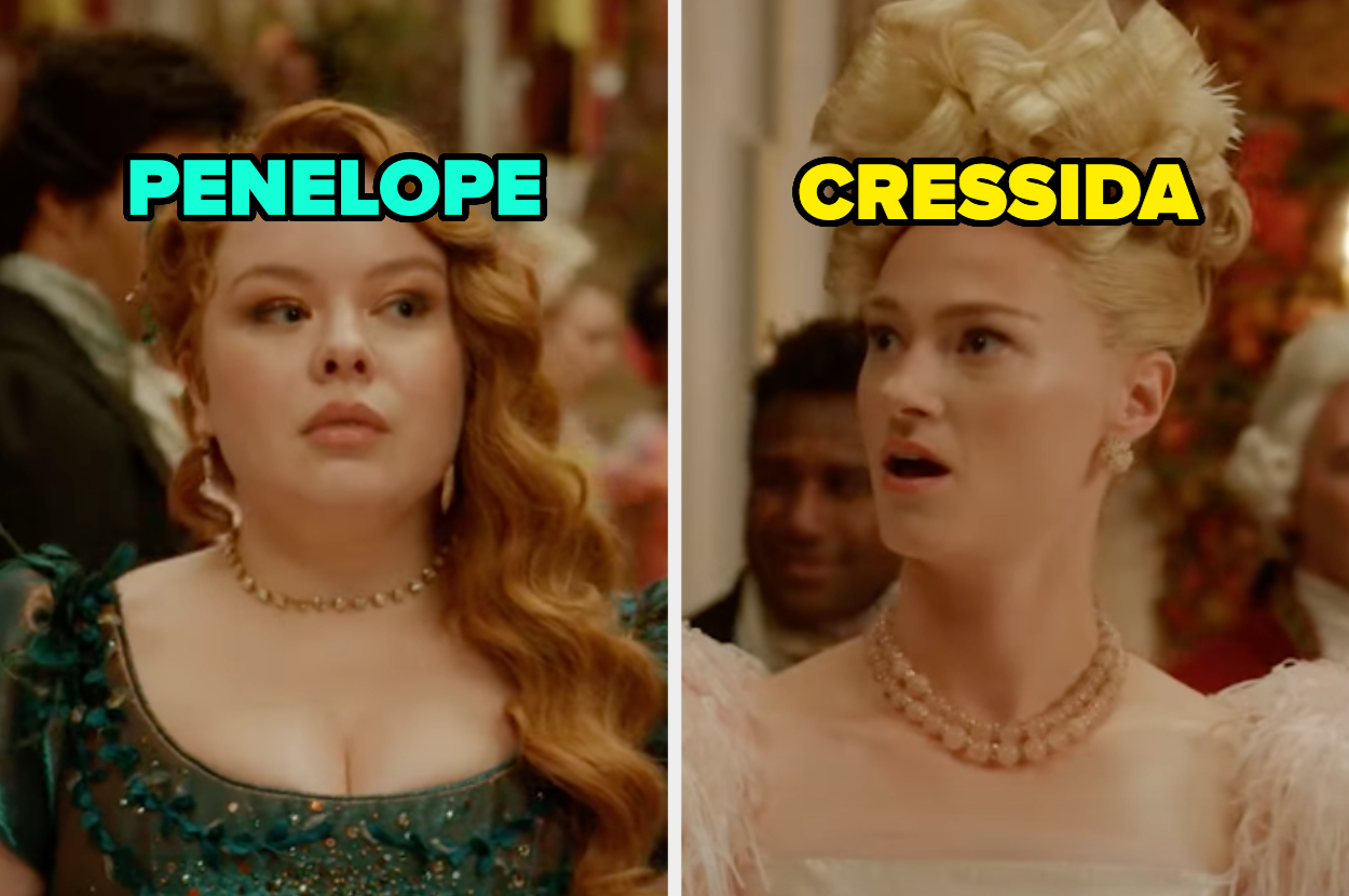 Penelope in an embellished gown and Cressida in an elegant dress at a formal event from Bridgerton