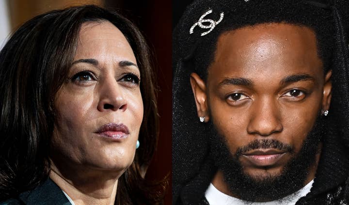 Kamala Harris and Kendrick Lamar side by side, both with serious expressions