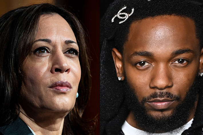 Kamala Harris and Kendrick Lamar are shown side-by-side, each looking serious. Kamala Harris has shoulder-length hair and Kendrick Lamar has a black hoodie with a chain detail