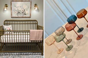 A stylish nursery featuring a floral picture above a crib with patterned bedding and a pink blanket. Adjacent, a set of six colorful, modern wine glasses arranged on a table