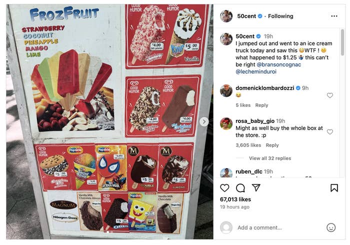 Instagram post by 50cent showing various ice cream options on a vending cart, including FrozFruit bars and cartoon-character popsicles. Interaction with fans in comments