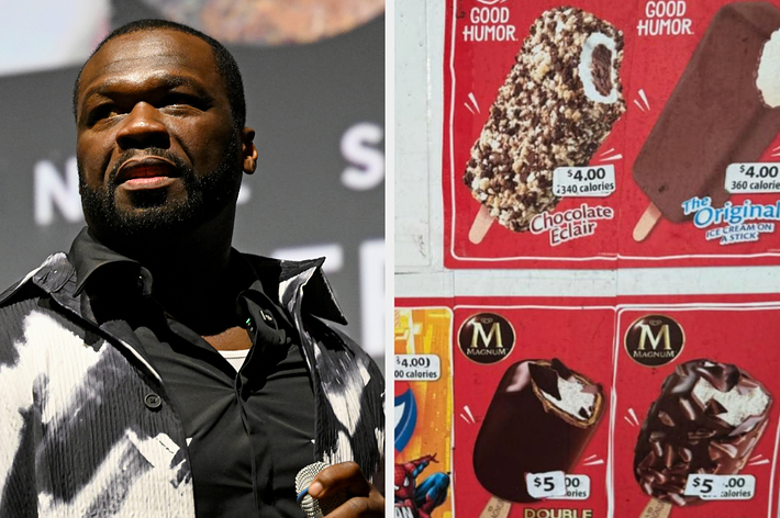 50 Cent stands in front of a stage. Next to him is an ice cream menu displaying prices and flavors including Chocolate Éclair for $4 and Magnum Donuts for $5
