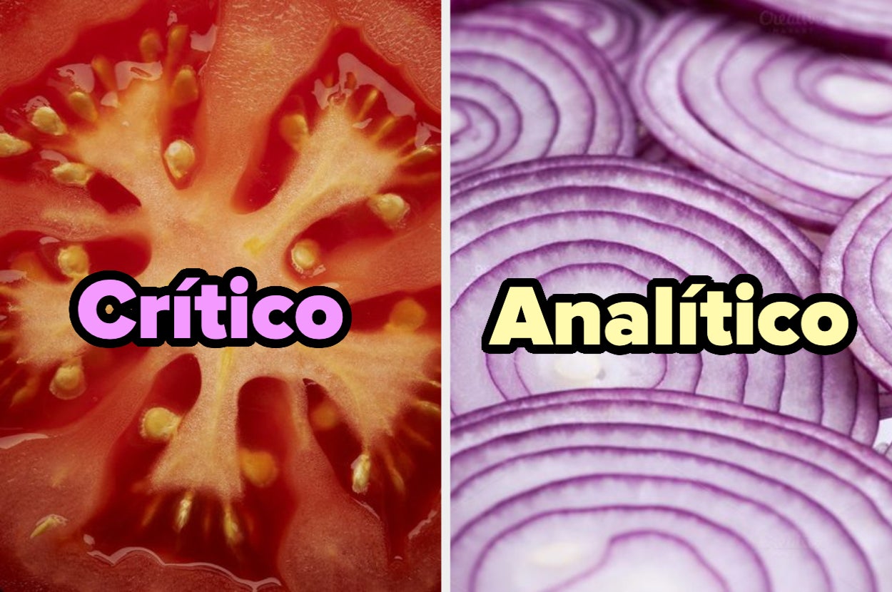 Primer plano de una rodaja de tomate etiquetada como "Crítico" junto a un primer plano de una rodaja de cebolla etiquetada como "Analítico"