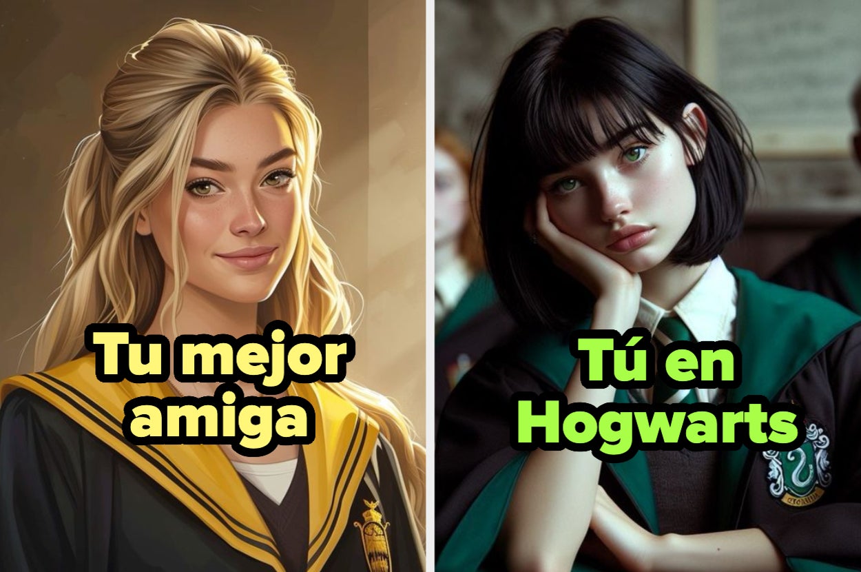 Dos imágenes comparativas: una persona en uniforme de Hufflepuff con el texto "Tu mejor amiga" y otra persona en uniforme de Slytherin con el texto "Tú en Hogwarts"