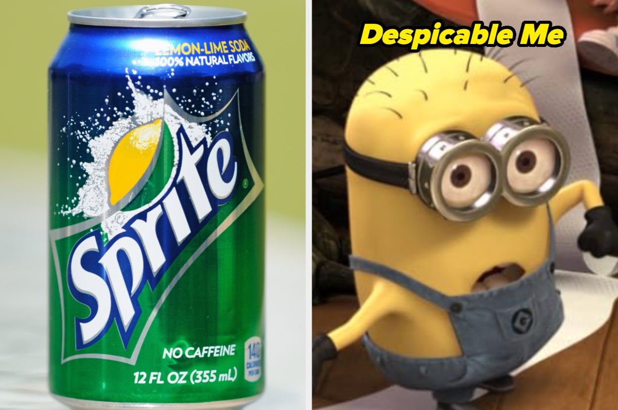 A Sprite can is shown next to a Minion character from Despicable Me, wearing overalls and goggles, raising a hand, and looking surprised