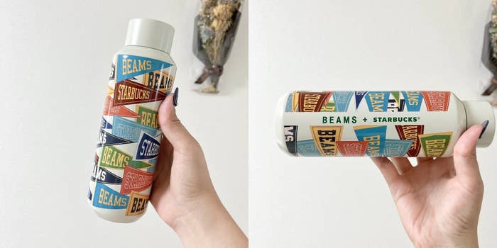 スターバックスのおすすめボトル「BEAMS リサイクルステンレスボトル Pennant Design ベージュ 473ml」