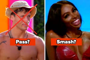 Left image: Shirtless man with a hat and red X overlay labeled "Pass?". Right image: Smiling woman in a strapless outfit labeled "Smash?"
