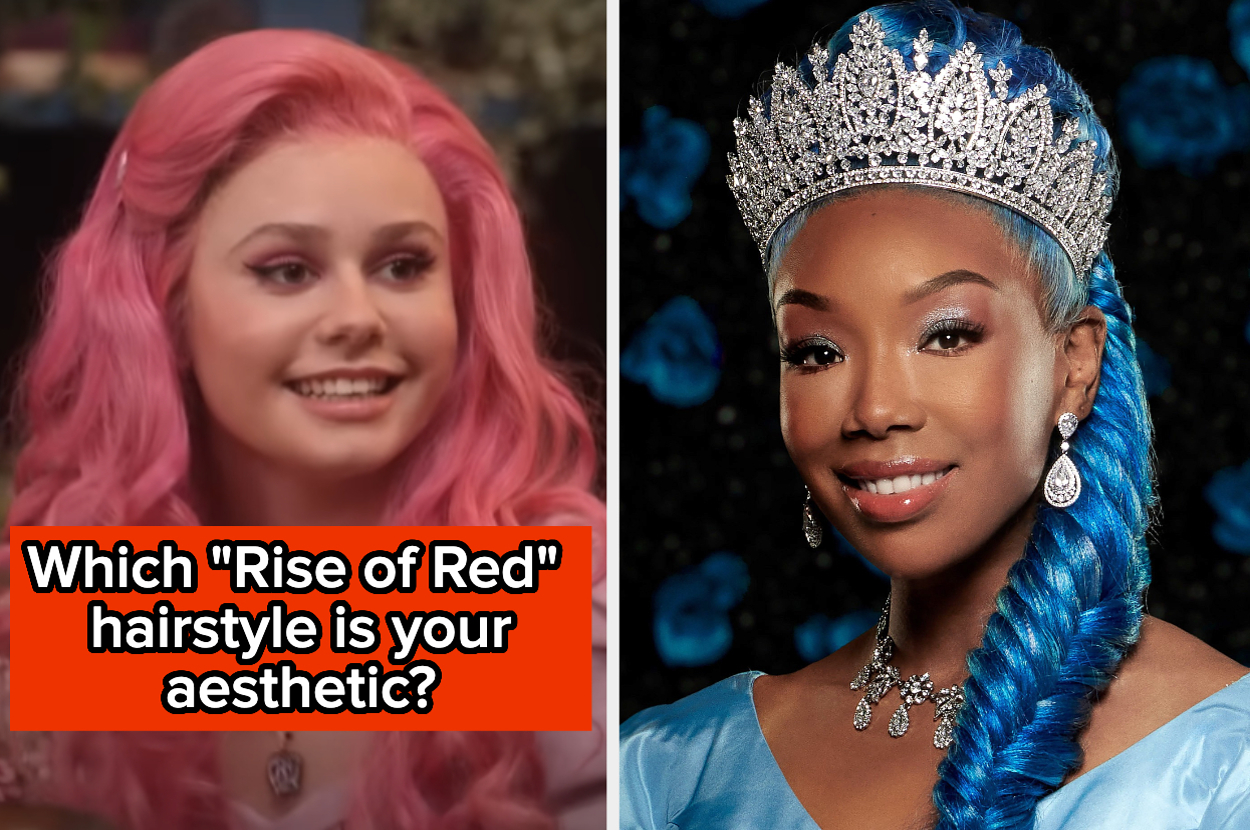 On the left, a person with pink hair smiles. On the right, a person with blue hair styled in a braid and wearing a jeweled tiara and earrings smiles. Text: "Which 'Rise of Red' hairstyle is your aesthetic?"