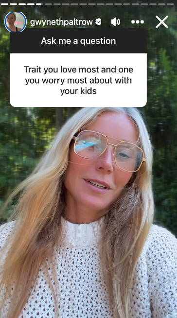 Gwyneth Paltrow in a social media story, wearing glasses and a light textured top, responding to a question about traits she loves and worries about with her kids