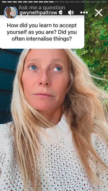 Gwyneth Paltrow outdoors, looking thoughtful with text: &quot;How did you learn to accept yourself as you are? Did you often internalise things?&quot;