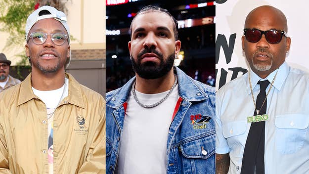 Lupe Fiasco in a casual jacket and white cap, Drake in a denim jacket, and Damon Dash in a light blue shirt with a gray tie and sunglasses