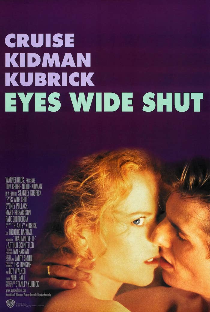 Tom Cruise and Nicole Kidman are closely embracing on the "Eyes Wide Shut" movie poster, directed by Stanley Kubrick