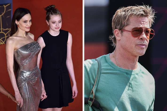 Angelina Jolie in a strapless dress and her daughter Shiloh Jolie-Pitt in a sleeveless dress on the red carpet vs Brad Pitt in a casual shirt and sunglasses
