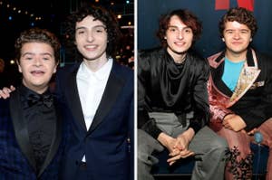Gaten Matarazzo and Finn Wolfhard at an event. Left: Both in suits, Gaten in checkered, Finn in black and white. Right: Gaten in a floral jacket, Finn in a satin shirt