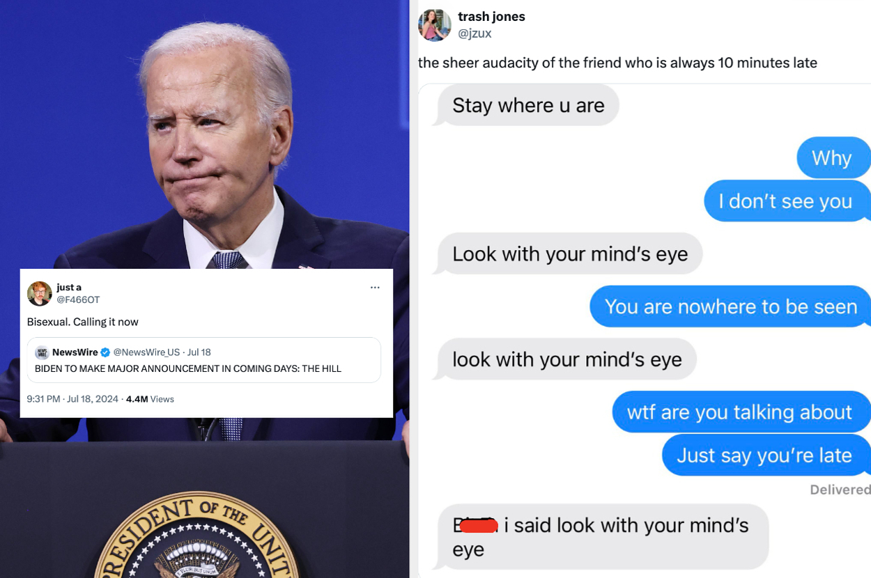 President Joe Biden at a podium vs text messages between someone and a friend discussing the friend's location culminating in a humorous misunderstanding