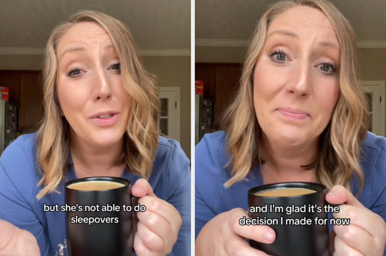 A woman holding a black mug, discusses parenting decisions in a two-panel image. Text reads: "But she's not able to do sleepovers," and "and I'm glad it's the decision I made for now"