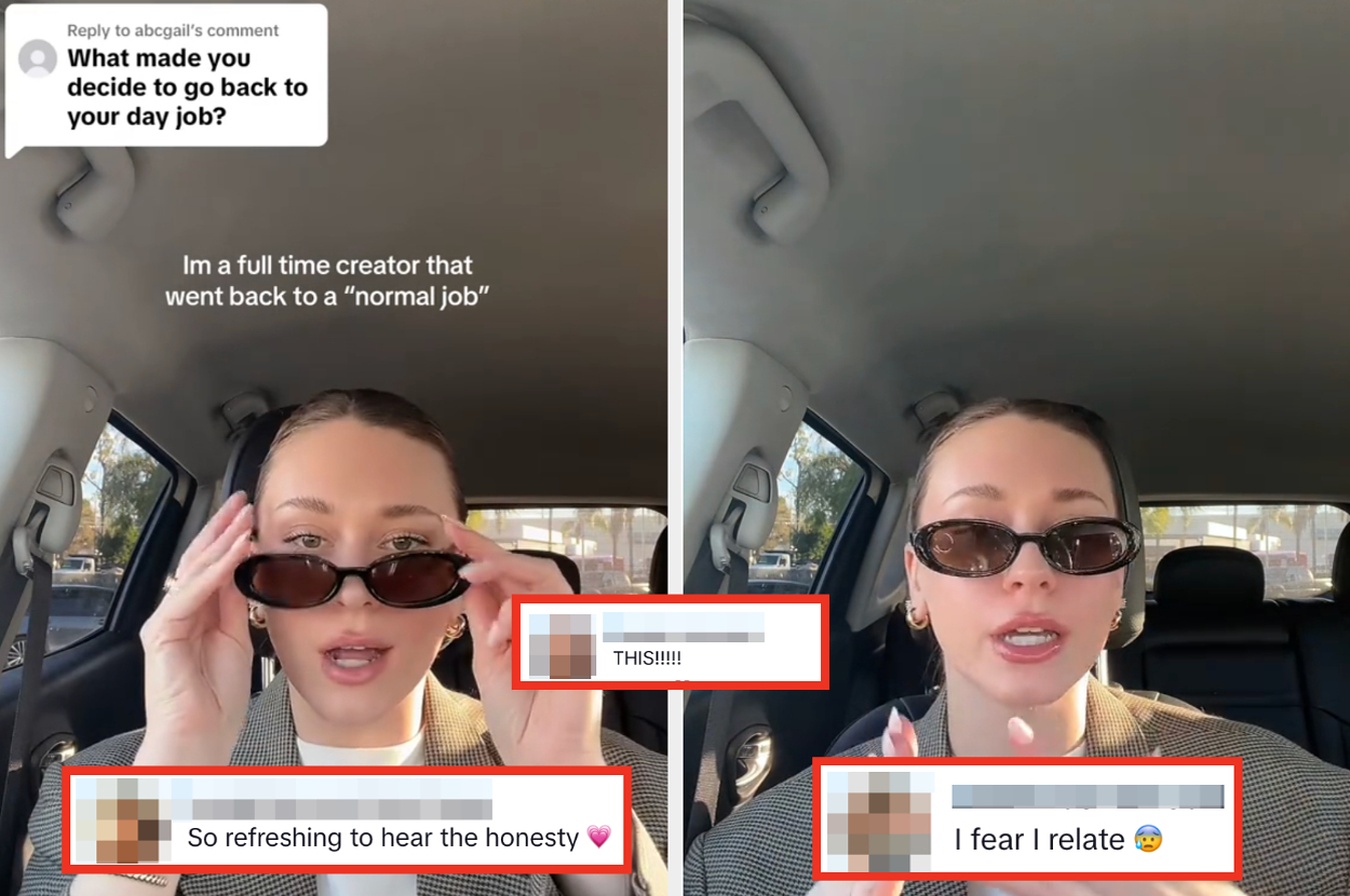 Woman in car explains returning to a normal job after being a full-time creator. Relatable comments are overlaid including "So refreshing to hear the honesty", "I fear I relate", and "THIS."