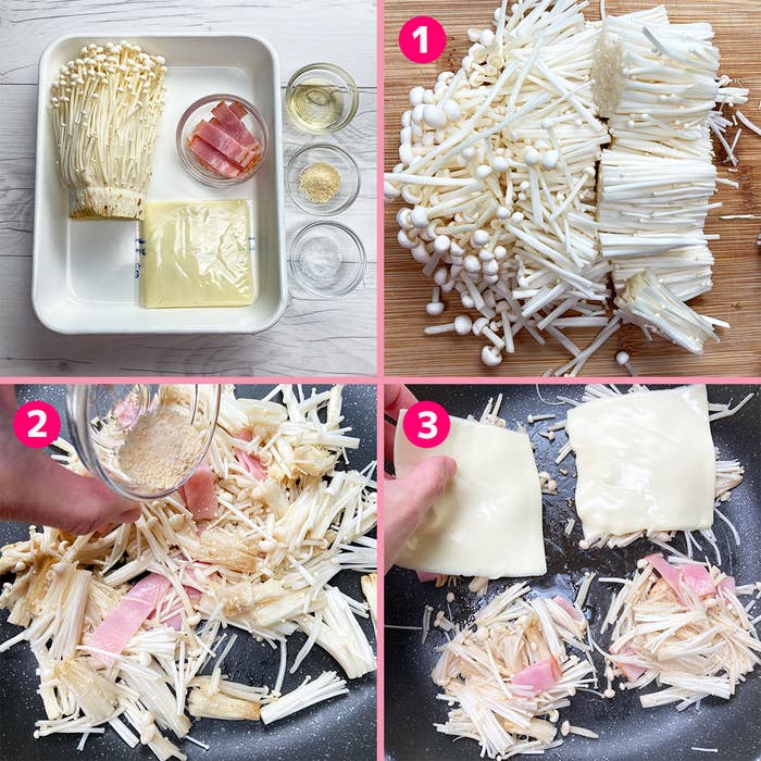 えのき、ベーコン、バター、チーズを使った料理の作り方。1. えのきを切る。2. えのきをフライパンで炒め、調味料を加える。3. チーズを追加。