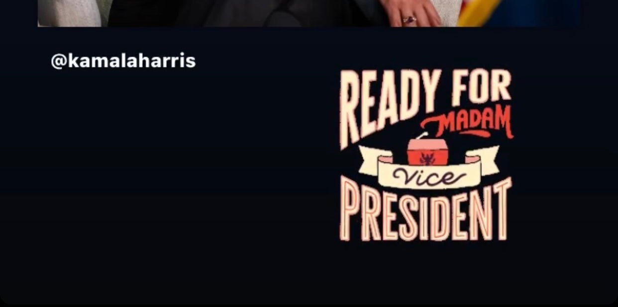 Vice President Kamala Harris seated, smiling, holding a microphone, with American flags in the background. Text: "Ready for Madam Vice President."