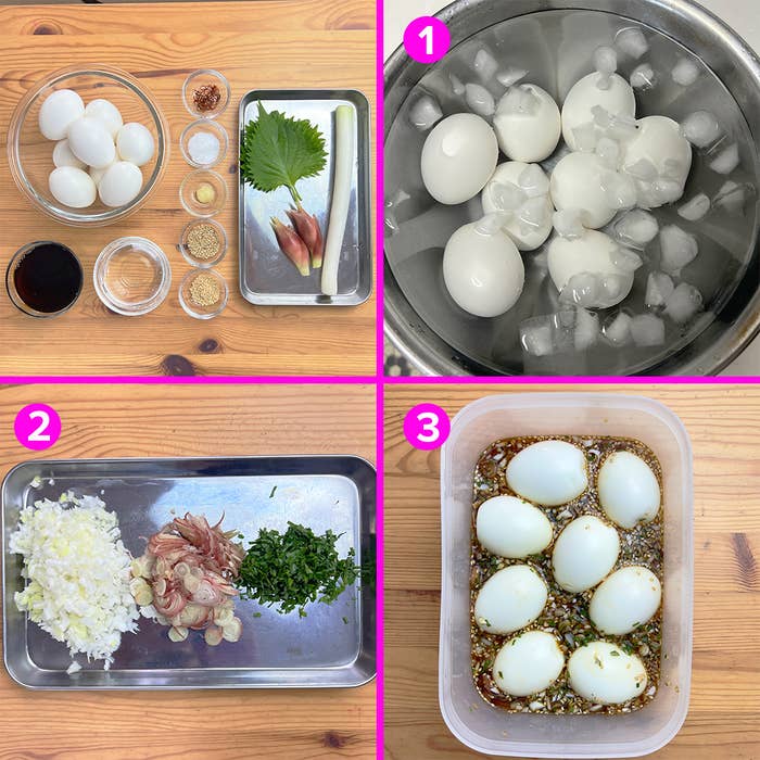 写真には、ゆでた卵の準備から漬ける工程までが順に示されています。材料には卵、薬味、タレなどが含まれています。