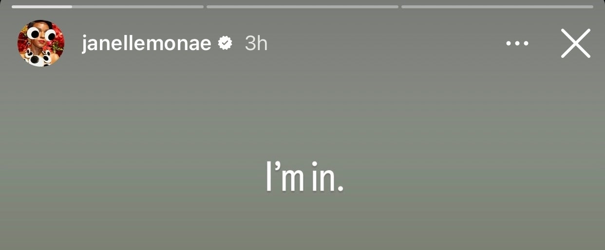 Kamala Harris and Joe Biden, both in suits, walk together and smile in a garden setting. Text reads "I'm in." with the tags @kamalaharris and janellemonae